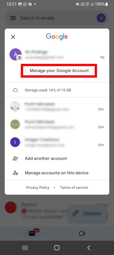 tap on manage your Google accounts