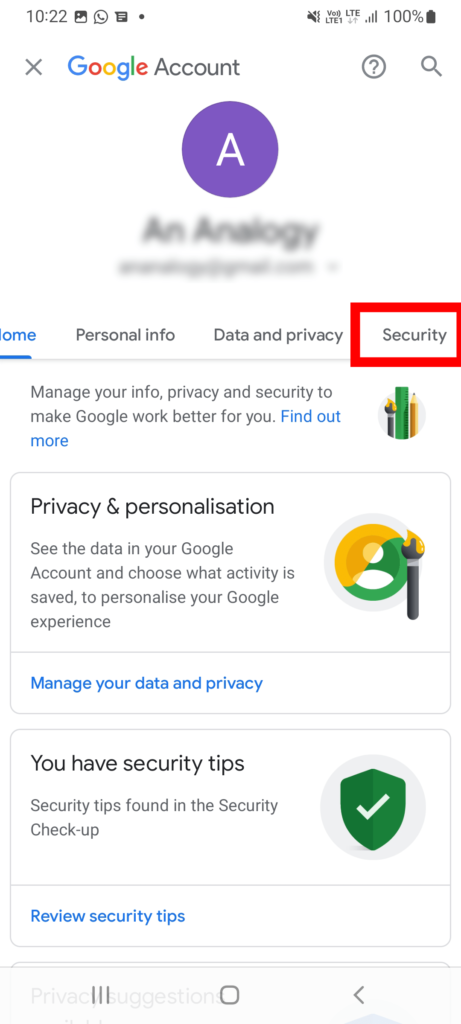 tap on security to change gmail password