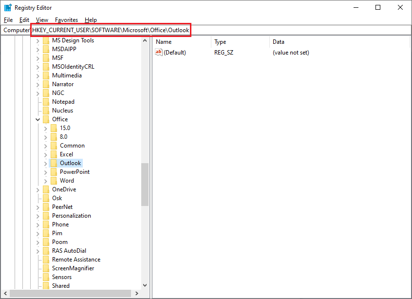 Registry Editor Path Outlook